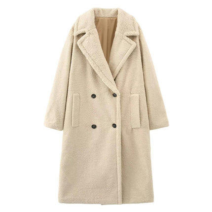 Womens Fuzzy Fleece Double Breasted Long Coats Lapel Jackets Winter Warm Casual Outwear