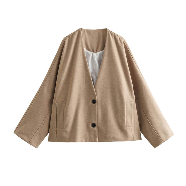 Womens Cropped Blend Jackets V Neck Short Coats Single Breasted Winter Outerwear