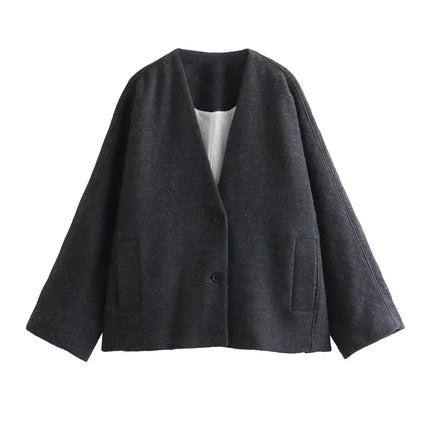 Womens Cropped Blend Jackets V Neck Short Coats Single Breasted Winter Outerwear