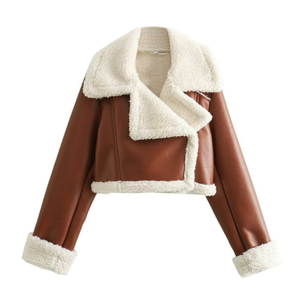 Women's Faux Leather Jacket Faux Shearing Fur Lined Winter Warm Cropped Coat