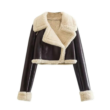Women's Faux Leather Jacket Faux Shearing Fur Lined Winter Warm Cropped Coat