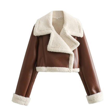Women's Faux Leather Jacket Faux Shearing Fur Lined Winter Warm Cropped Coat