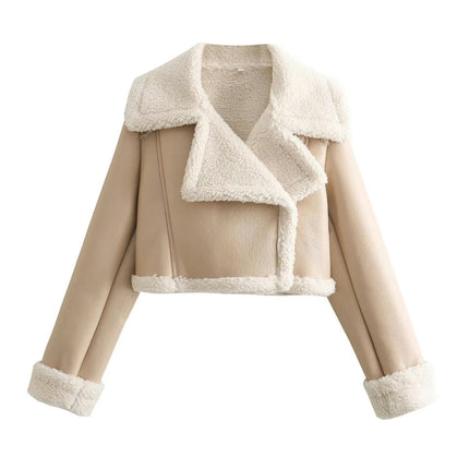 Women's Faux Leather Jacket Faux Shearing Fur Lined Winter Warm Cropped Coat