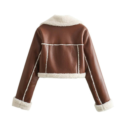 Women's Faux Leather Jacket Faux Shearing Fur Lined Winter Warm Cropped Coat