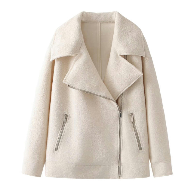Women's Blend Coat Lapel Zip Up Copped Jacket Outerwear with Pockets