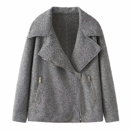 Women's Blend Coat Lapel Zip Up Copped Jacket Outerwear with Pockets