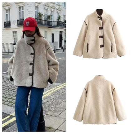 Women Casual Fleece Fuzzy Faux Shearling Warm Winter Button Down Jackets Shaggy Coat