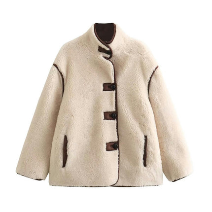 Women Casual Fleece Fuzzy Faux Shearling Warm Winter Button Down Jackets Shaggy Coat