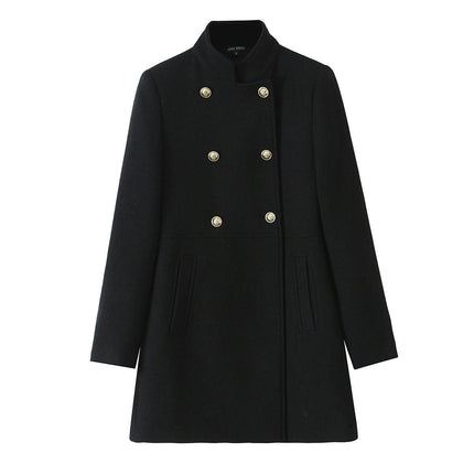 Women's Winter Wool Blend Coat Stand Collar Double Breasted Jackets Outwear