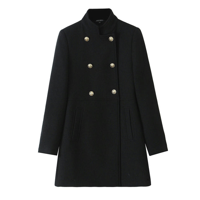 Women's Winter Wool Blend Coat Stand Collar Double Breasted Jackets Outwear