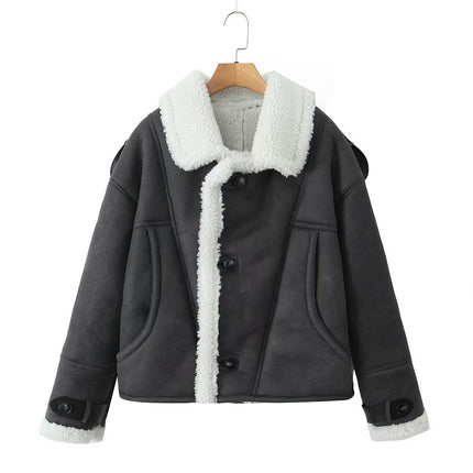 Women's Winter Faux Suede Jacket Sherpa Lined Button Down Lapel Winter Coats with Pockets