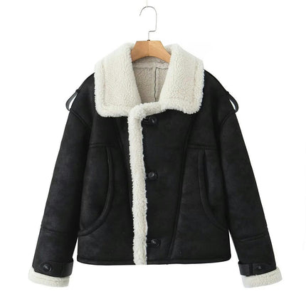 Women's Winter Faux Suede Jacket Sherpa Lined Button Down Lapel Winter Coats with Pockets
