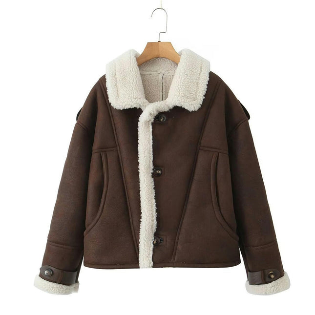 Women's Winter Faux Suede Jacket Sherpa Lined Button Down Lapel Winter Coats with Pockets