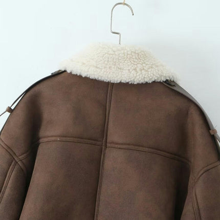 Women's Winter Faux Suede Jacket Sherpa Lined Button Down Lapel Winter Coats with Pockets