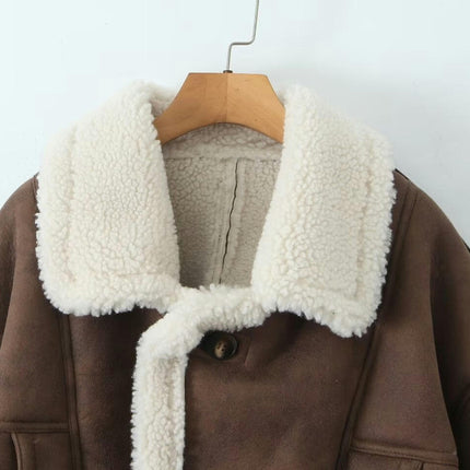 Women's Winter Faux Suede Jacket Sherpa Lined Button Down Lapel Winter Coats with Pockets