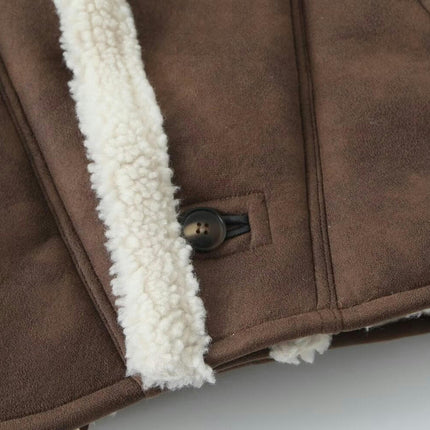 Women's Winter Faux Suede Jacket Sherpa Lined Button Down Lapel Winter Coats with Pockets