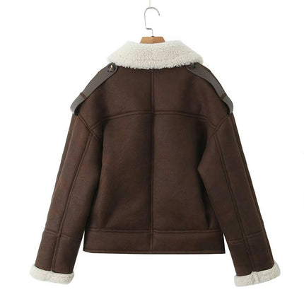 Women's Winter Faux Suede Jacket Sherpa Lined Button Down Lapel Winter Coats with Pockets
