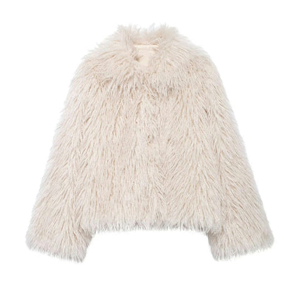 Women Shaggy Cropped Jacket Coat Winter Fluffy Faux Fur Warm Long Sleeve Outerwear