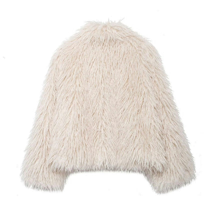 Women Shaggy Cropped Jacket Coat Winter Fluffy Faux Fur Warm Long Sleeve Outerwear