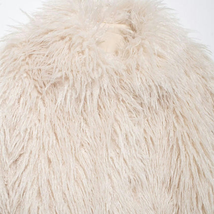 Women Shaggy Cropped Jacket Coat Winter Fluffy Faux Fur Warm Long Sleeve Outerwear