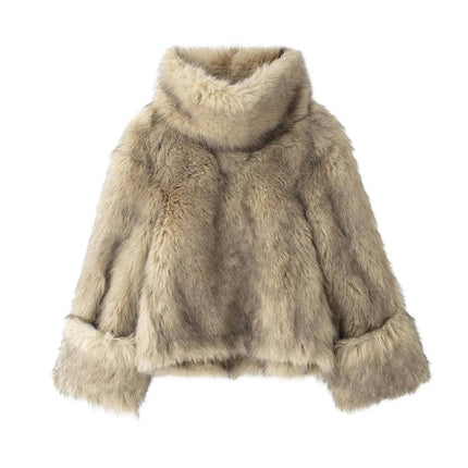Women Winter Warm Fluffy Faux Fur Cropped Coat Stand Collar Long Sleeve Jacket Outwear