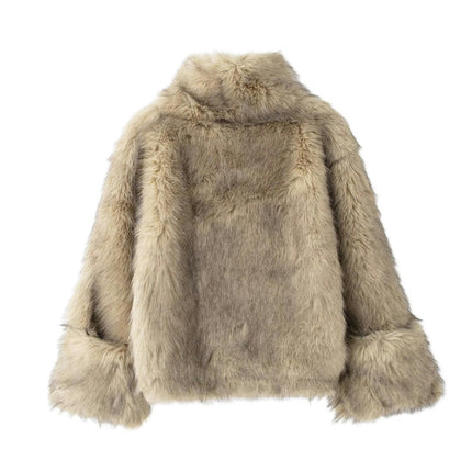 Women Winter Warm Fluffy Faux Fur Cropped Coat Stand Collar Long Sleeve Jacket Outwear