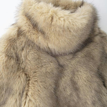 Women Winter Warm Fluffy Faux Fur Cropped Coat Stand Collar Long Sleeve Jacket Outwear