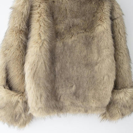 Women Winter Warm Fluffy Faux Fur Cropped Coat Stand Collar Long Sleeve Jacket Outwear