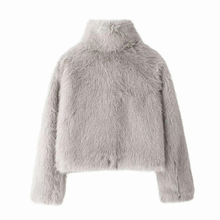 Womens Cropped Faux Fur Jackets Long Sleeve Stand Collar Fluffy Short Coats