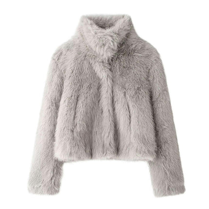 Womens Cropped Faux Fur Jackets Long Sleeve Stand Collar Fluffy Short Coats