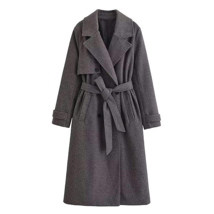 Women's Blend Winter Coat Double-Breasted Notched Lapel Collar Jacket with Belt