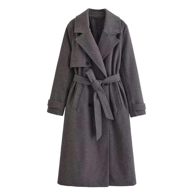 Women's Blend Winter Coat Double-Breasted Notched Lapel Collar Jacket with Belt