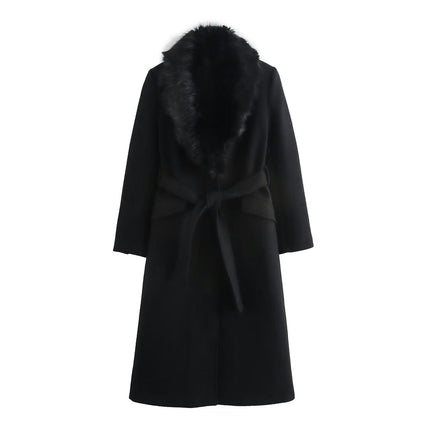 Women Blend Jacket with Faux Fur Collar Winter Mid Long Coat Warm Belt Outwear