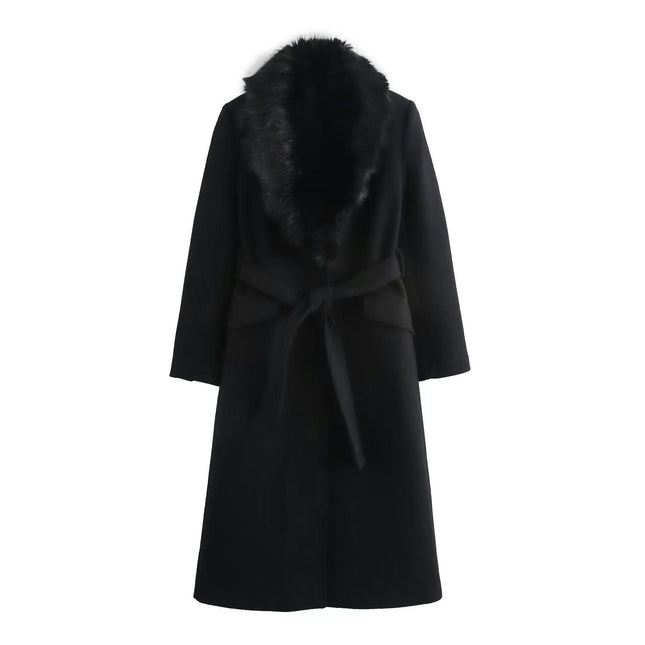 Women Blend Jacket with Faux Fur Collar Winter Mid Long Coat Warm Belt Outwear