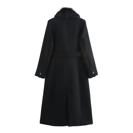 Women Blend Jacket with Faux Fur Collar Winter Mid Long Coat Warm Belt Outwear