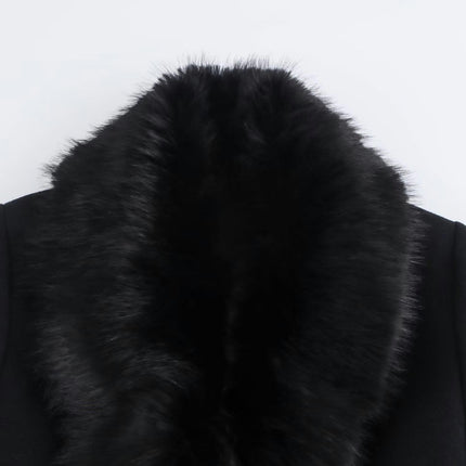 Women Blend Jacket with Faux Fur Collar Winter Mid Long Coat Warm Belt Outwear