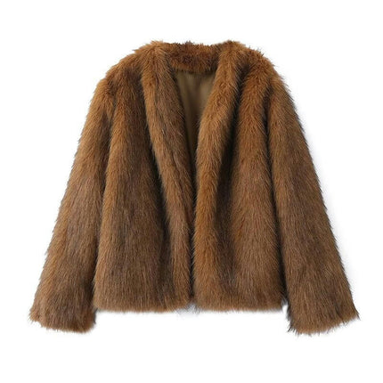 Women's Faux Fur Cropped Jacket Open Front Long Sleeve Outerwear Fuzzy Coat