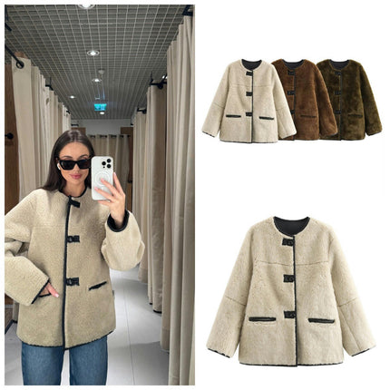 Women's Sherpa Fleece Jacket Long Sleeve Button Faux Fuzzy Warm Winter Coat Outwear with Pockets