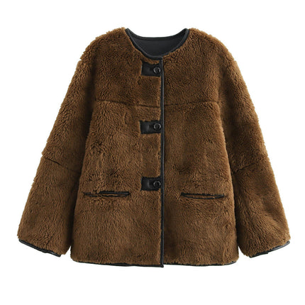 Women's Sherpa Fleece Jacket Long Sleeve Button Faux Fuzzy Warm Winter Coat Outwear with Pockets