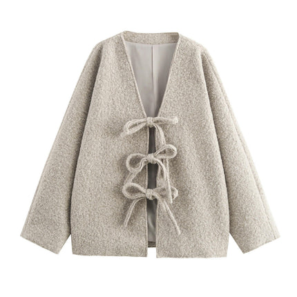Women Cropped Blend Coat Short Jacket Long Sleeve Tie Open Front Crop Outwear