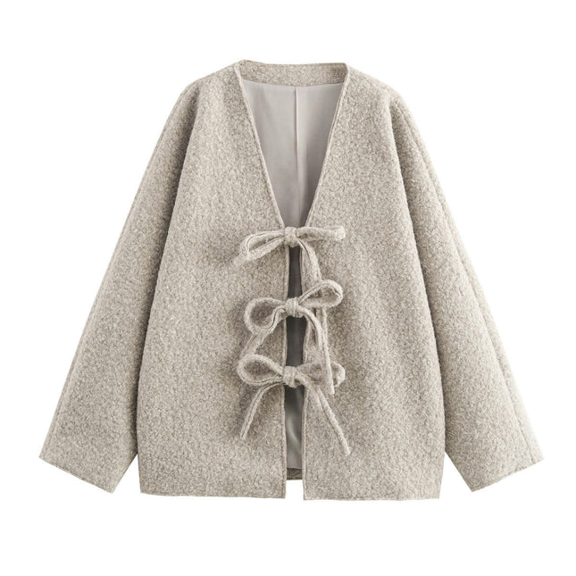 Women Cropped Blend Coat Short Jacket Long Sleeve Tie Open Front Crop Outwear
