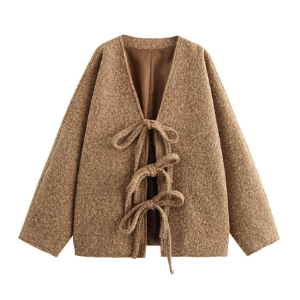 Women Cropped Blend Coat Short Jacket Long Sleeve Tie Open Front Crop Outwear