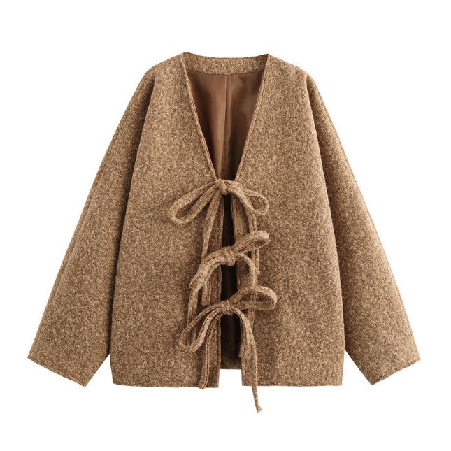 Women Cropped Blend Coat Short Jacket Long Sleeve Tie Open Front Crop Outwear