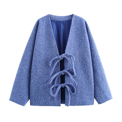 Women Cropped Blend Coat Short Jacket Long Sleeve Tie Open Front Crop Outwear