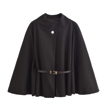 Women's Elegant Stand Collar Blend Poncho Cape Jacket with Belt