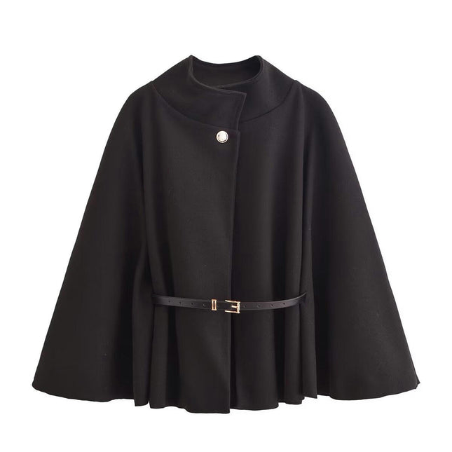 Women's Elegant Stand Collar Blend Poncho Cape Jacket with Belt