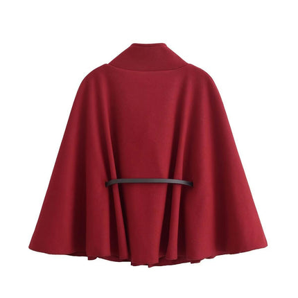 Women's Elegant Stand Collar Blend Poncho Cape Jacket with Belt