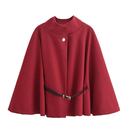 Women's Elegant Stand Collar Blend Poncho Cape Jacket with Belt