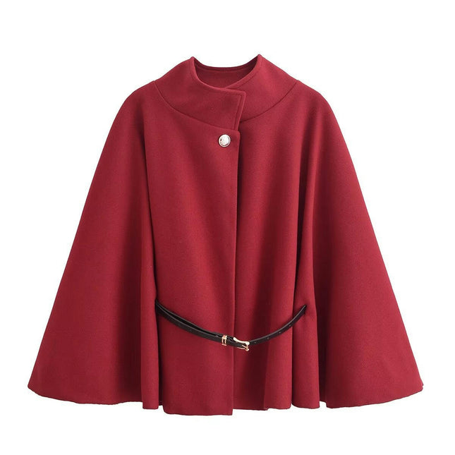 Women's Elegant Stand Collar Blend Poncho Cape Jacket with Belt