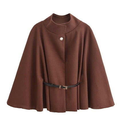 Women's Elegant Stand Collar Blend Poncho Cape Jacket with Belt
